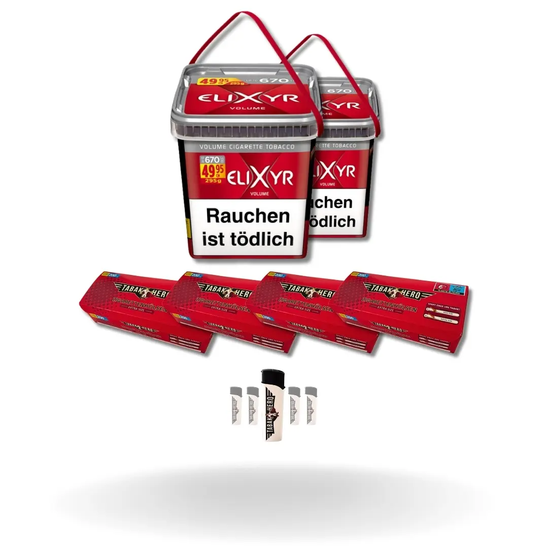 Bundle: Elixyr Red Stopftabak (2x260g) + Tabakhero Hülsen Extra Size (4x200 Stück) + Feuerzeuge (5 Stück)