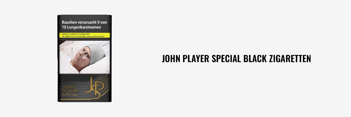 Packung John Player Special (JPS) Black in Schwarz-Gold, Vorderseite mit gesetzlichen Warnhinweisen.
