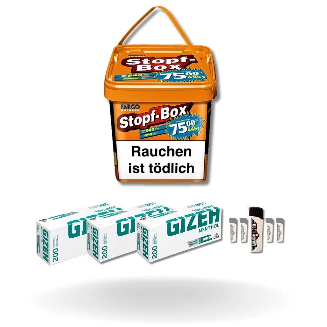 Bundle: Fargo Stopf-Box Stopftabak (420g) + Gizeh Menthol Hülsen King Size (3x200 Stück) + Feuerzeuge (5 Stück) 