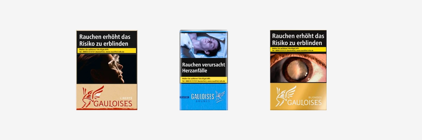 Gauloises Zigaretten Sortiment – mehrere Packungen nebeneinander, Vorderansicht mit Warnhinweisen.