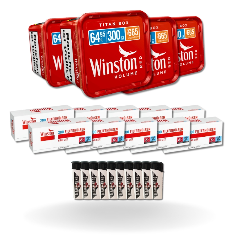 Bundle: Winston Red Stopftabak (4x270g) + Winston Hülsen King Size (10x200 Stück) + Feuerzeuge