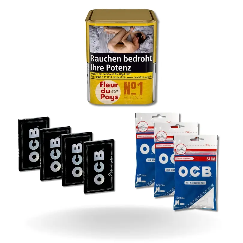 Bundle: Fleur du Pays Drehtabak (130g) + OCB Schwarz Papes (4x100 Stück) + OCB Blue Filter (3x120 Stück)