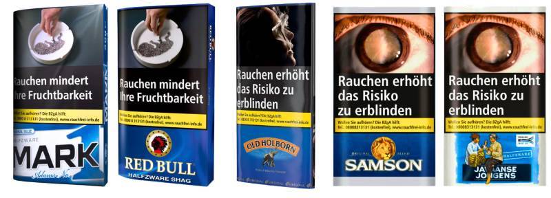 Beliebte Halfzware Tabak Sorten im Pouch: Mark Adams, Red Bull, Old Holborn, Samson und Javaanse Jongens.