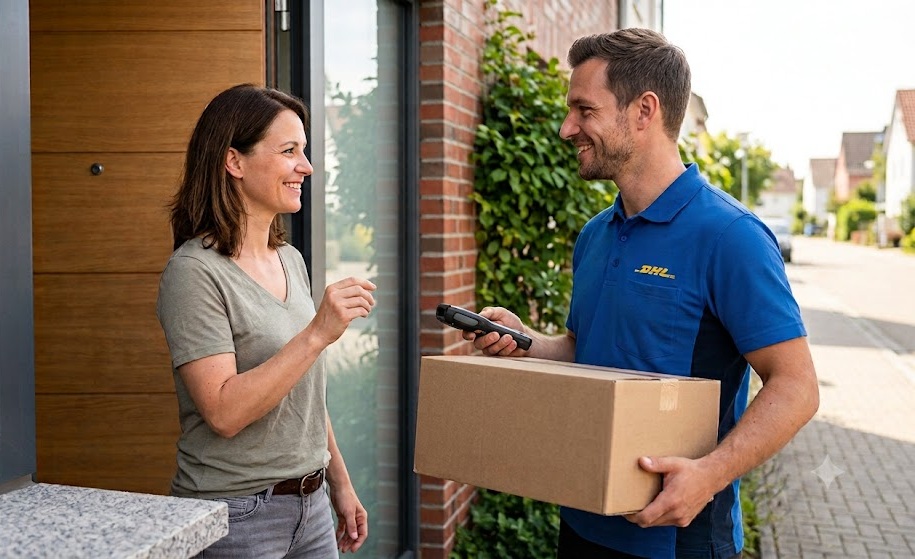 Ein freundlicher DHL-Paketbote übergibt einer lächelnden Kundin an der Haustür ein Paket. Die persönliche und sichere Zustellung garantiert den Jugendschutz.
