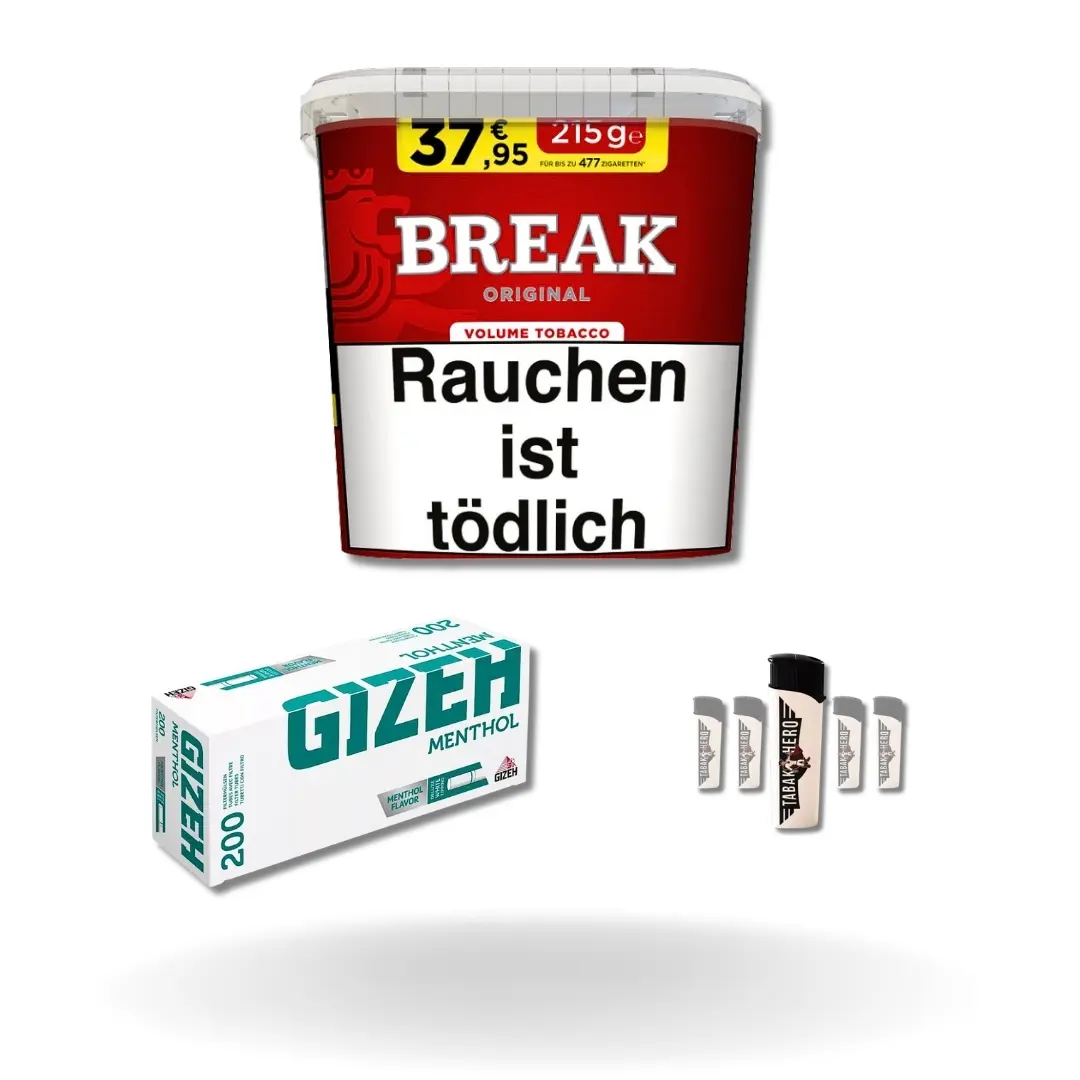 Bundle: Break Red Stopftabak (195g) + Gizeh Menthol Hülsen King Size (200 Stück) + Feuerzeuge (5 Stück) 