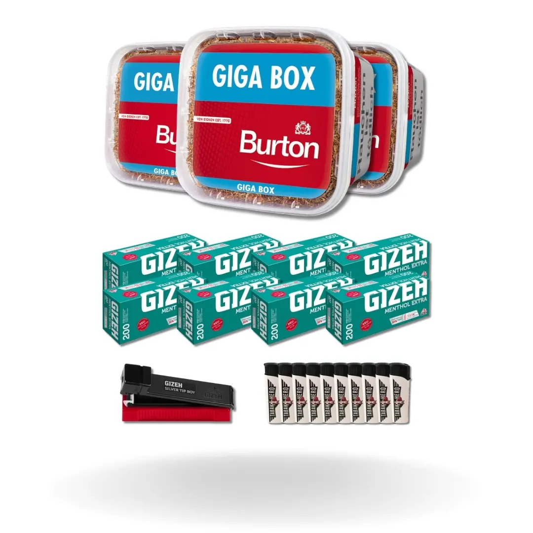 Bundle: Burton Red Stopftabak (3x400g) + Gizeh Menthol Hülsen Extra Size (8x200 Stück) + Gizeh Stopfgerät + Feuerzeuge (10 Stück)