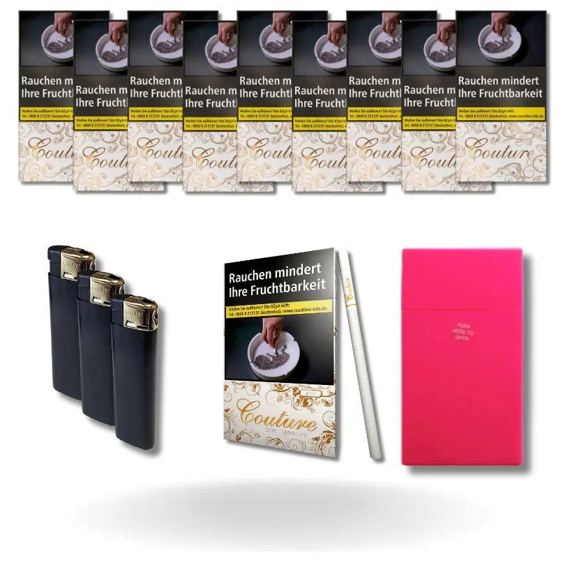 Bundle: Couture Gold Zigaretten Stange (10x20 Stück) + Zigarettenbox + Feuerzeuge (3 Stück)