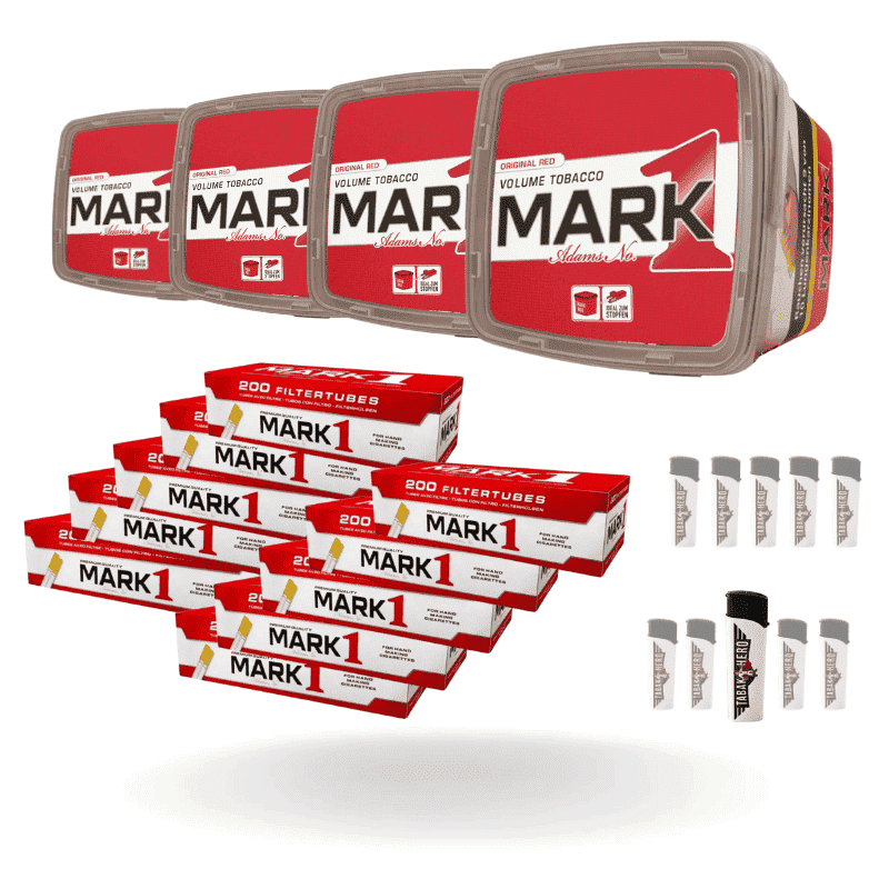 Bundle: Mark Adams 1 Stopftabak (4x400g)  + Mark Adams 1 Hülsen King (10x200 Stück) + Gizeh Stopfgerät + Feuerzeuge (10 Stück)