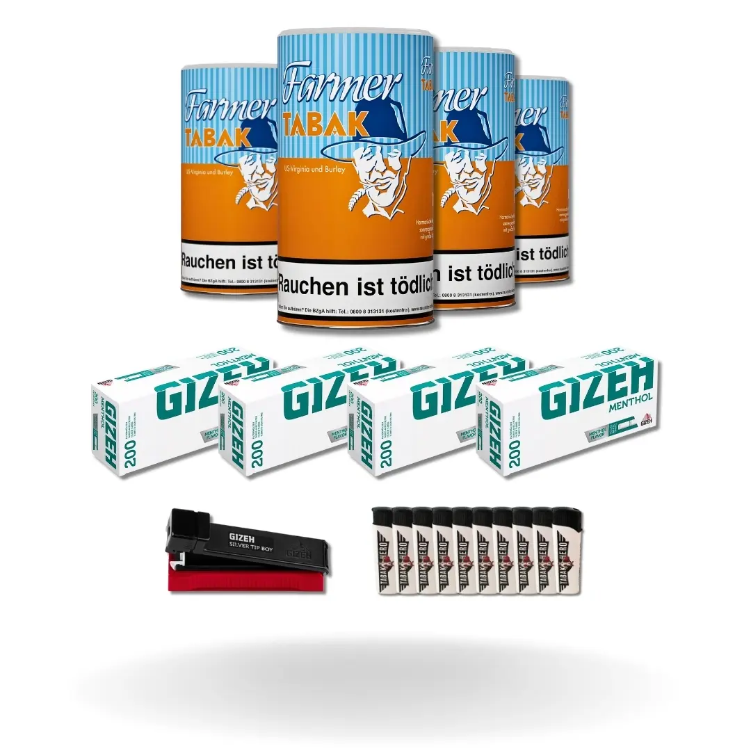 Bundle: Farmer Orange Pfeifentabak (4x160g) + Gizeh Menthol Hülsen King Size (4x200 Stück) + Gizeh Stopfgerät + Feuerzeuge (10 Stück) 