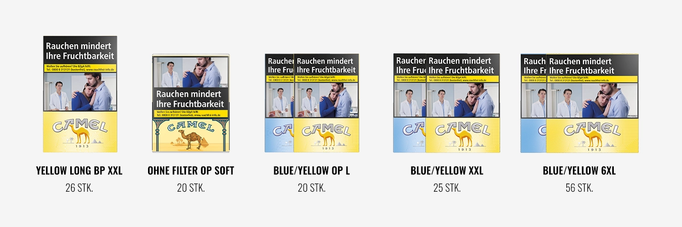 Camel Zigaretten Packungen in verschiedenen Größen – Yellow, Blue und Ohne Filter