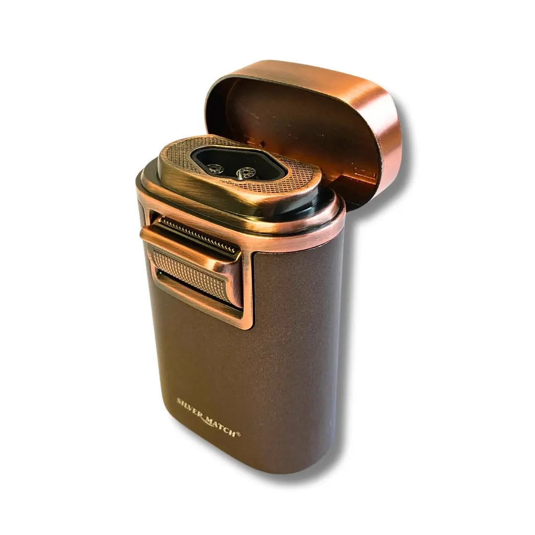 Silver Match Zigarrenfeuerzeug Quad Jetflame mit Zigarrenhalter Bronze Aufgeklappt