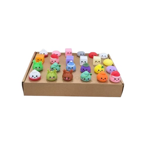 Inhaltsübersicht des Dumbling Adventskalenders mit 24 bunten Squishy Sammelfiguren aus weichem TPR-Material.