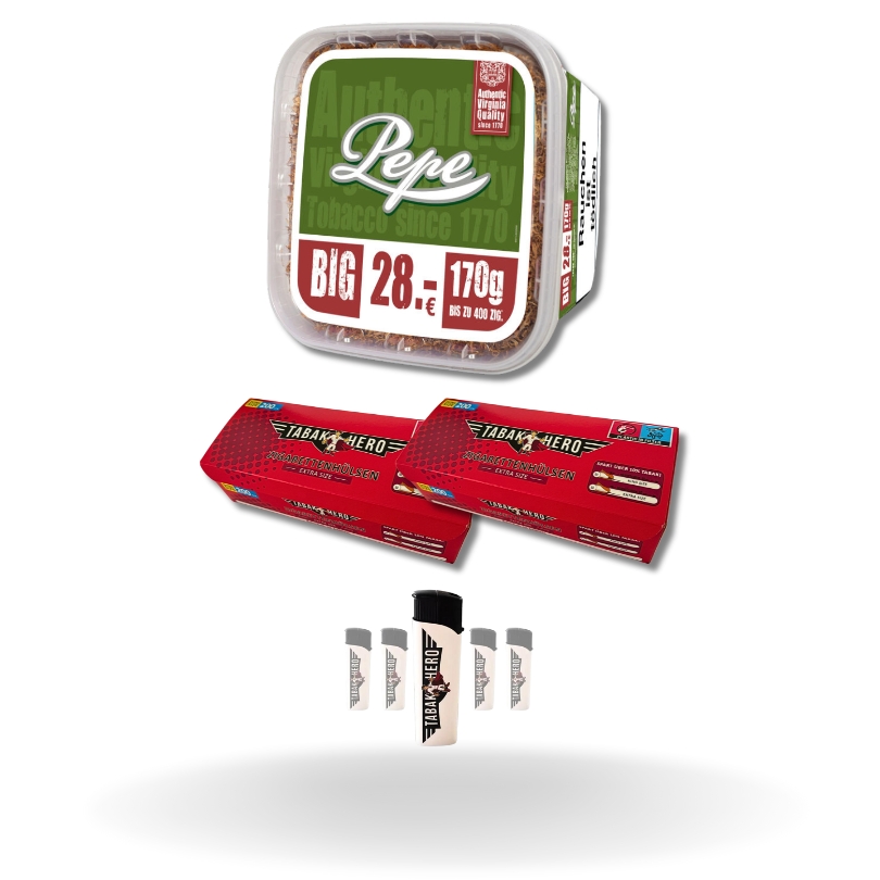 Bundle: Pepe Rich Green Stopftabak (170g) + Tabakhero Hülsen Extra (2x200 Stück) + Feuerzeuge (5 Stück)