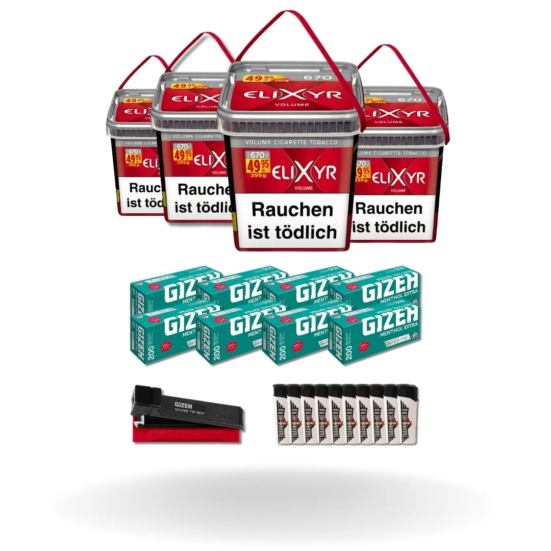 Bundle: Elixyr Red Stopftabak (4x260g) + Gizeh Menthol Hülsen Extra Size (8x110 Stück) + Gizeh Stopfgerät + Feuezeuge (10 Stück)