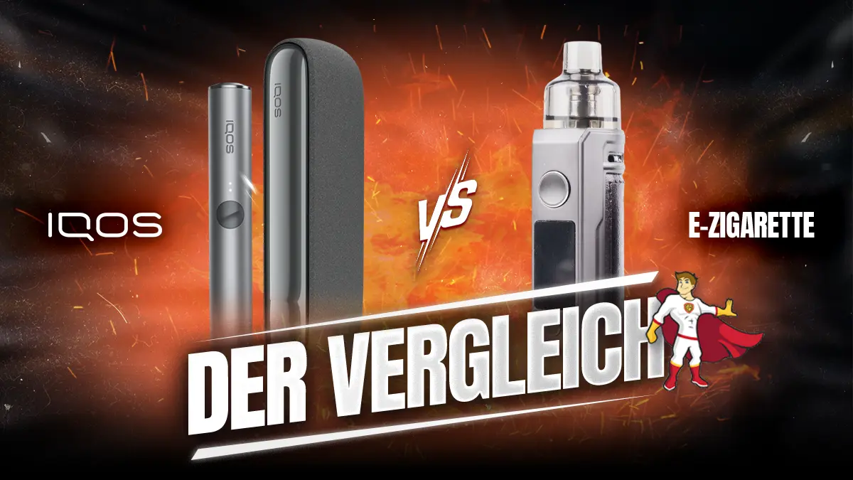 IQOS vs. E-Zigarette – Unterschiede im Überblick Vergleich von IQOS Tabakerhitzer und E-Zigarette mit Text "Der Vergleich" auf feurigem Hintergrund