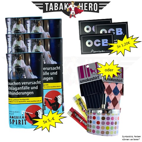 SPARHERO- 5  American Spirit Blue 30g, OCB Premium Kurz, Feuerzeuge,Etui, Ascher
