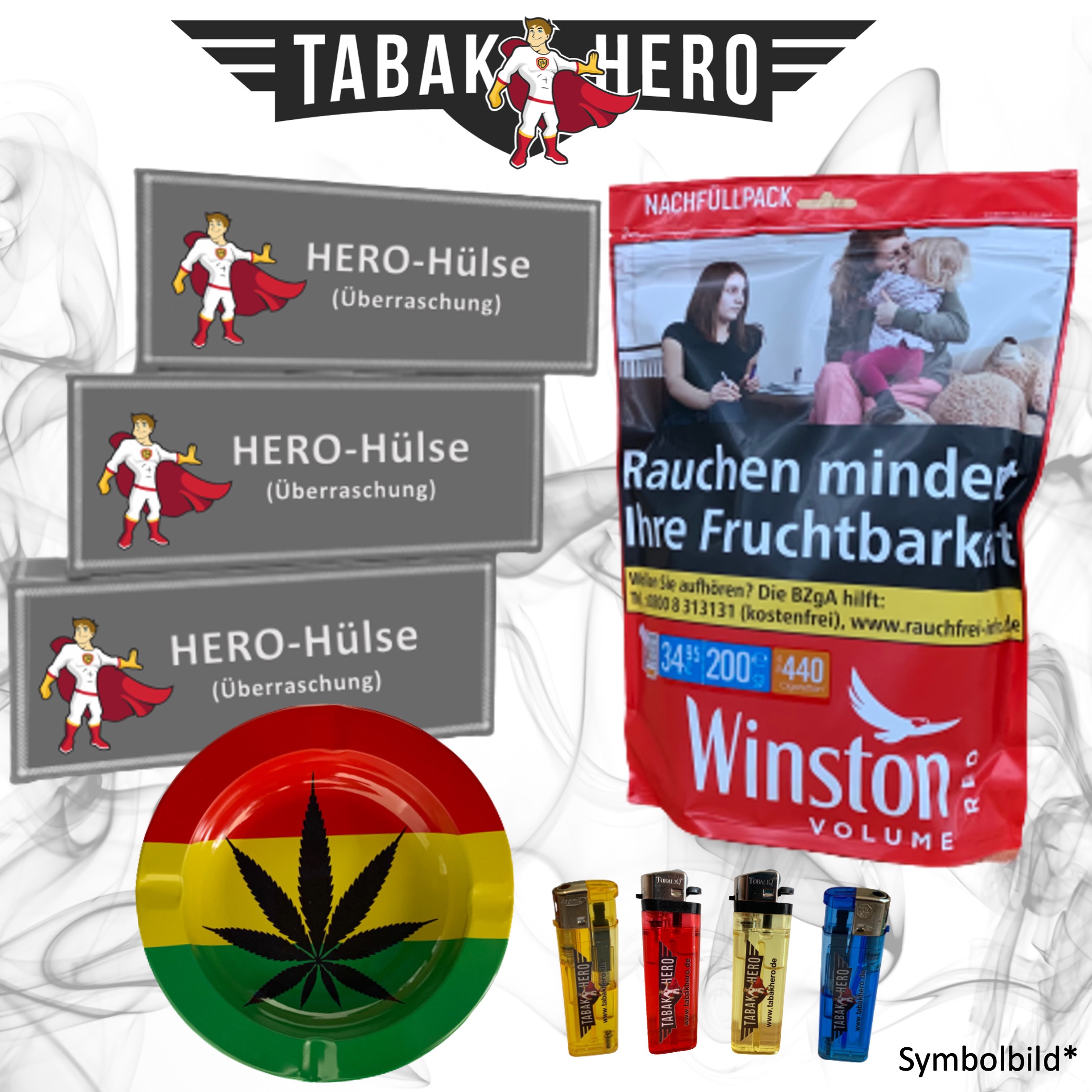 !ALTPREIS! 150g Winston Red Zip XXXL Tabak + 3x Hero-Hülsen 200er + Cannabis-AB und 4 Feuerzeugen
