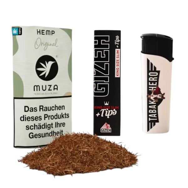 Starter Set Kräutermischung mit Muza Hemp Tabakersatz, Gizeh Long Papes mit Tips und Feuerzeug