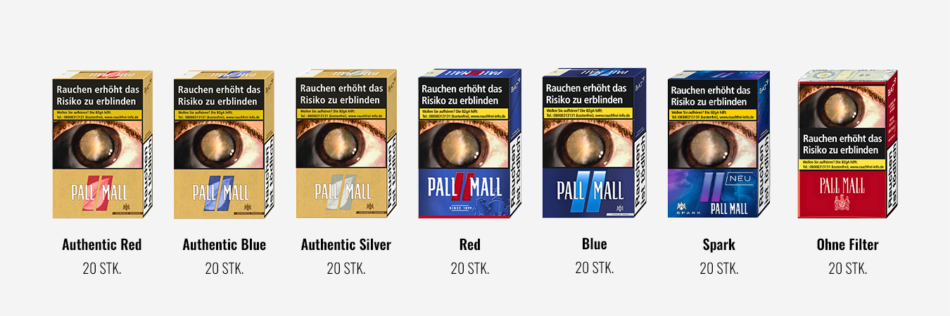 Pall Mall Zigaretten Sortiment – Authentic Red, Blue, Silver, Red, Blue, Spark und Ohne Filter im 20 Stück Pac