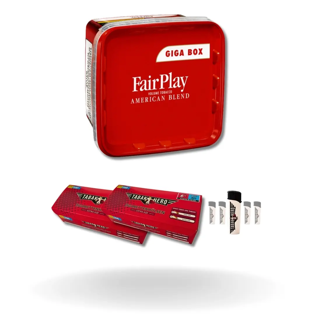 Bundle: Fair Play Stopftabak (280g) + Tabakhero Hülsen Extra Size (2x200 Stück) + Feuerzeuge (5 Stück)