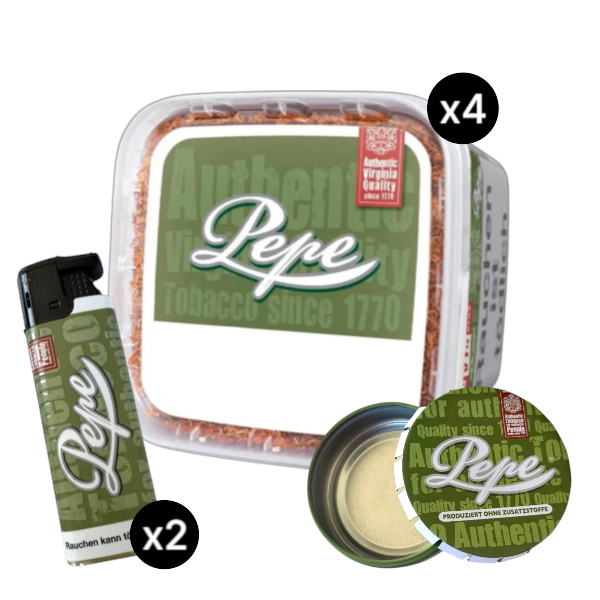 Stopf-Sparset bestehend aus 4 Pepe Rich Green Volumentabak Eimern (je 170g), 2 Pepe Feuerzeugen und 1 Taschenaschenbecher