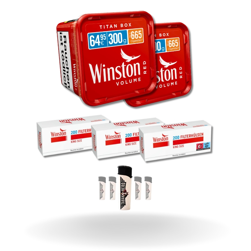 Bundle: Winston Red Stopftabak (2x270g) + Winston Hülsen King Size (3x200 Stück) + Feuerzeuge