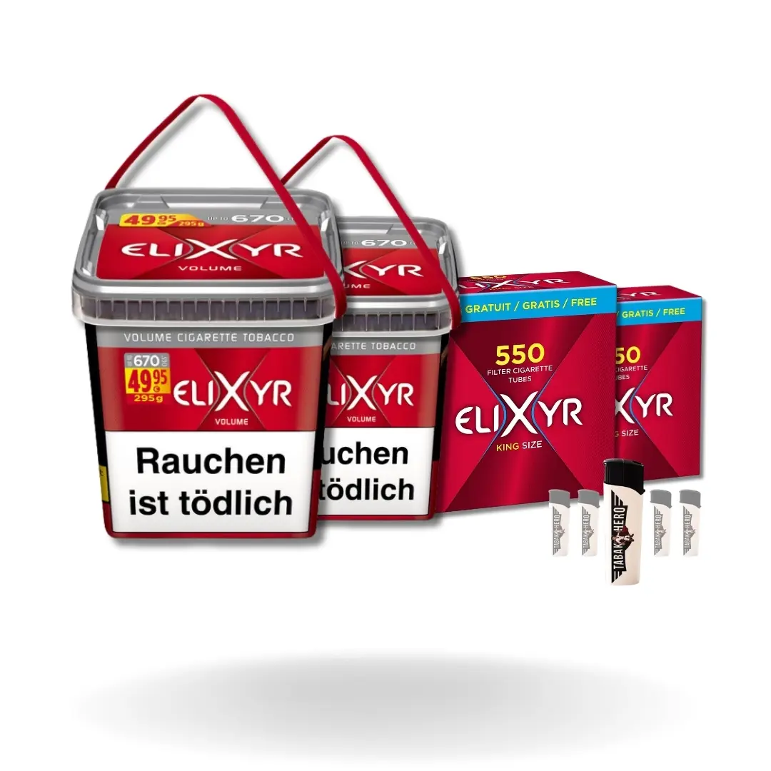 Bundle: Elixyr Red Stopftabak (2x260g) + Elixyr Hülsen King Size (2x550 Stück) + Feuerzeuge (5 Stück)