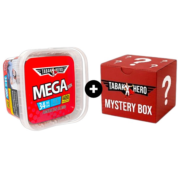 Aktionsbanner: Tabakhero Mega Box 190g (Feinschnitt-optimierter Tabak) inklusive limitierter Mystery Box für 34,95 Euro