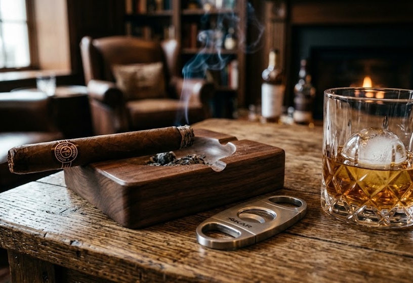 Premium Zigarre mit Zigarrencutter und Whiskyglas auf einem Holztisch - perfektes Setup für Zigarren Anfänger