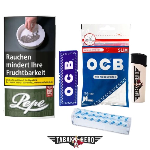 Anfänger Set zum Zigaretten drehen mit zusatzstofffreiem Pepe Dark Green Tabak, OCB Drehmaschine, Blättchen und Filtern
