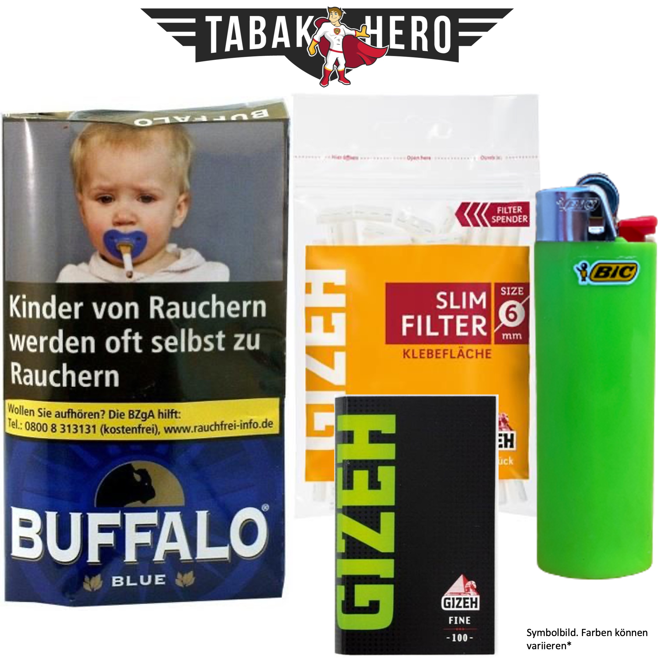 Drehset Buffalo Blue Halfzware + Gizeh 6mm Filter & Gizeh Fine Papier + BIC Feuerzeug
