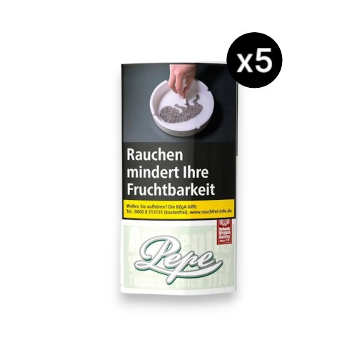 Bundle Pepe Fine Green Feinschnitt Tabak mit 5x 30g Pouch. 100% naturbelassener, sanfter Virginia Blend mit langfaseriger Architektur für makellose RYO-Eigenschaften und lineare Thermodynamik.