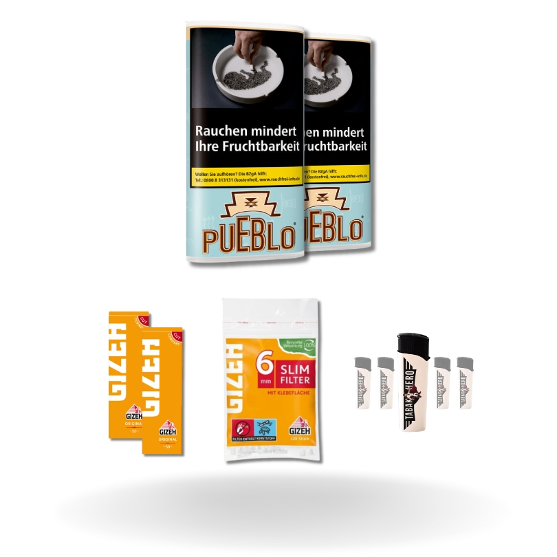 Bundle: Pueblo Blue Drehtabak (2x30g) + Gizeh Papes (2x50 Stück) + Gizeh Filter (120 Stück) + Feuerzeuge (5 Stück)