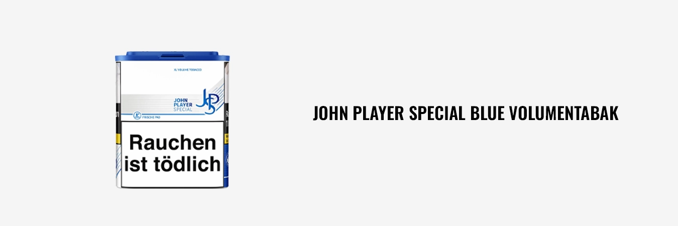 Dose John Player Special (JPS) Blue Volumentabak, Frontansicht mit gesetzlichem Warnhinweis.