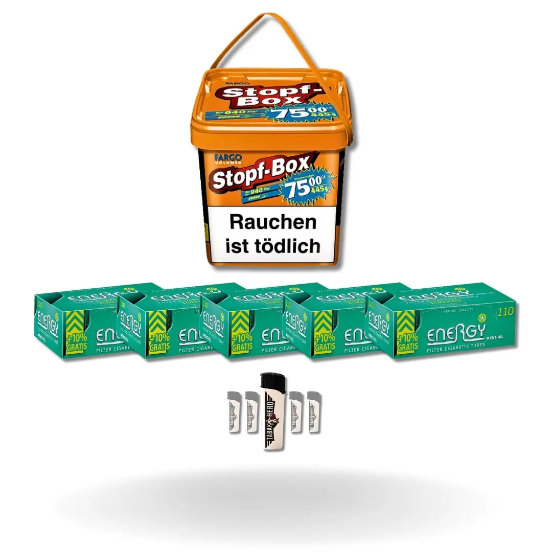 Bundle: Fargo Stopf-Box Stopftabak (420g) + Energy Plus Menthol Hülsen (5x110) + Feuerzeuge (5 Stück) 