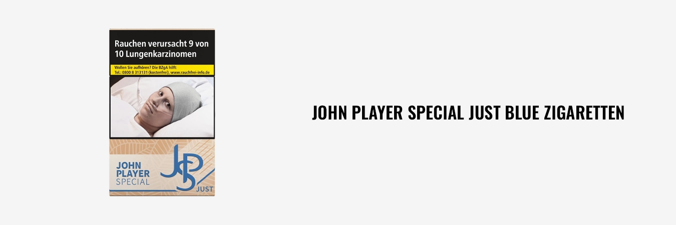 Packung John Player Special (JPS) Just Blue, Vorderseite mit gesetzlichen Warnhinweisen.