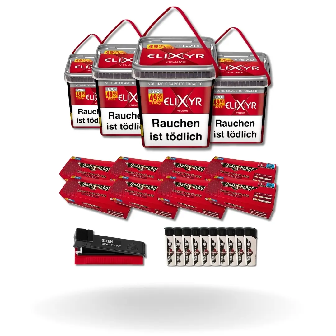Bundle: Elixyr Red Stopftabak (4x260g) + Tabakhero Hülsen Extra Size (8x200 Stück) + Gizeh Stopfgerät + Feuerzeuge (10 Stück)