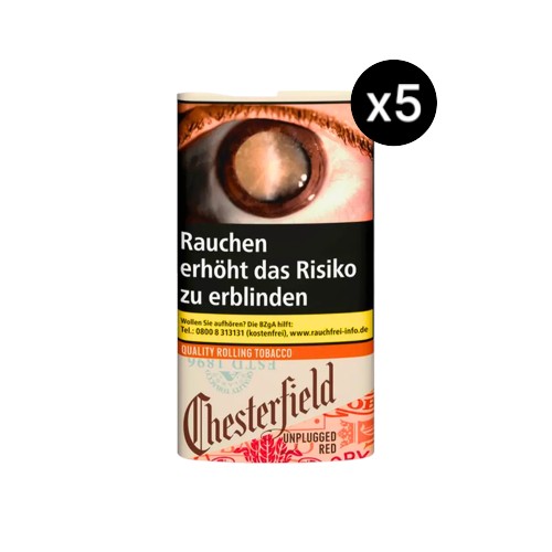 Bundle mit Chesterfield Unplugged Red Drehtabak 5x 30g Pouch. 100% naturbelassener American Blend mit langfaseriger Architektur für makellose RYO-Dreheigenschaften und lineare Thermodynamik.