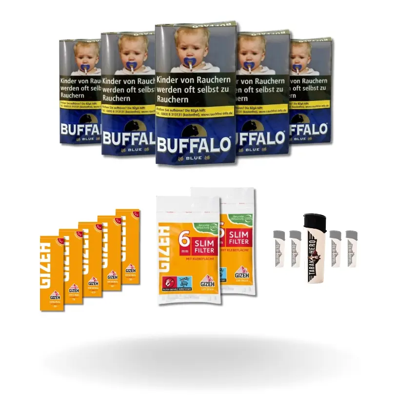 Bundle: Buffalo Blue Halfzware Drehtabak (5x40g) + Gizeh Papes (5x50 Stück) + Gizeh Filter (2x120 Stück) + Feuerzeuge (5 Stück)