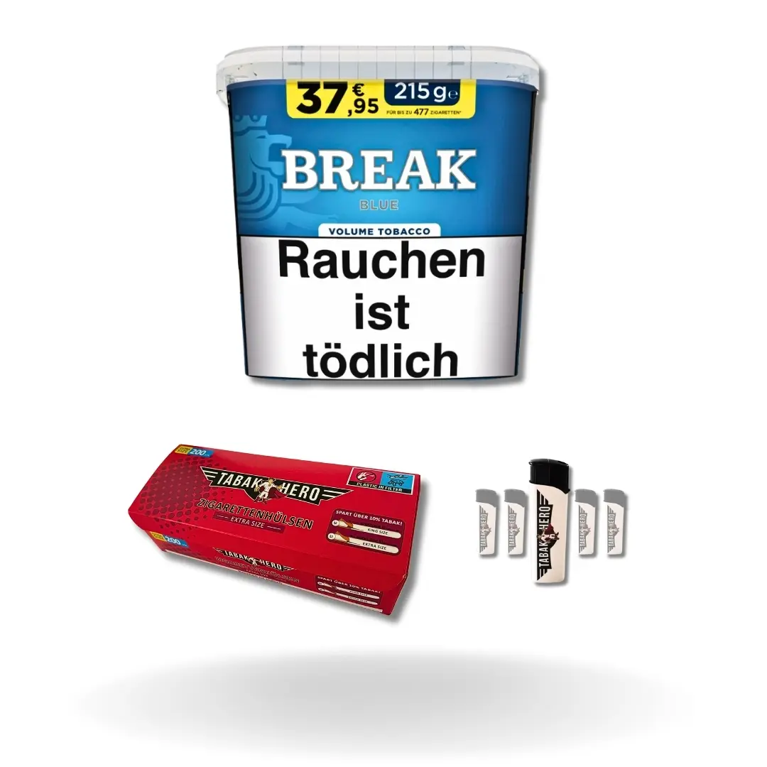Bundle: Break Blue Stopftabak (195g) + Tabakhero Hülsen Extra Size (200 Stück) + Feuerzeuge (5 Stück)