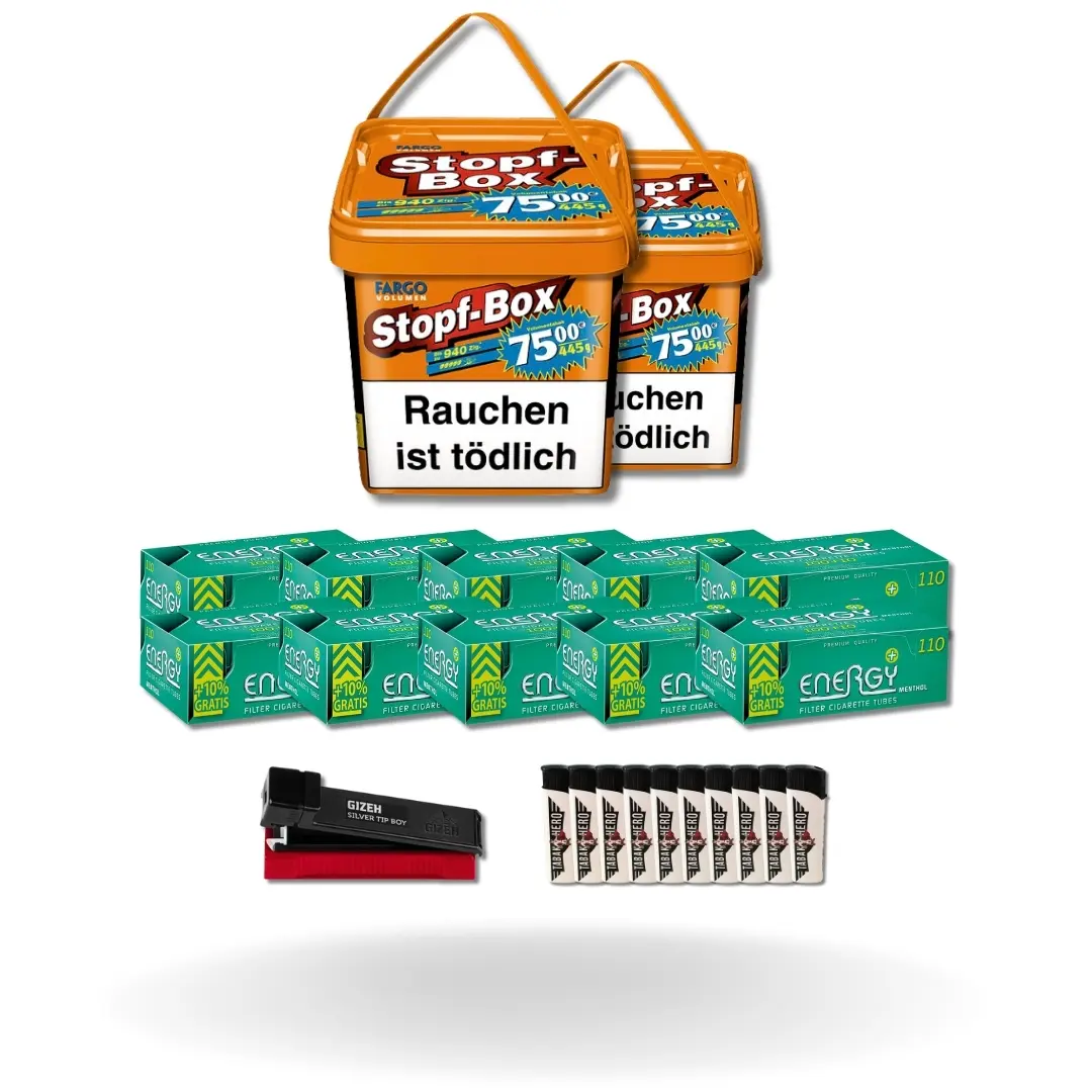Bundle: Fargo Stopf-Box Stopftabak (2x420g) + Energy Plus Menthol Hülsen (10x110) + Gizeh Stopfgerät + Feuerzeuge (10 Stück) 