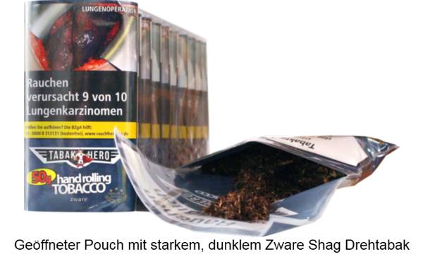 Geöffneter Pouch mit starkem, dunklem Zware Shag Drehtabak