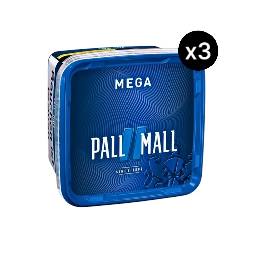 Bundle Pall Mall Blue Volumentabak in 3x 115g Mega Eimern (Insgesamt 345g Vorratspackung). Ergiebiger und milder Premium American Blend Stopftabak von BAT.