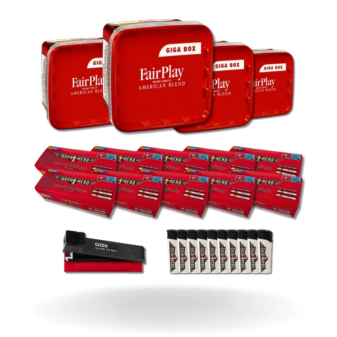 Bundle: Fair Play Stopftabak (4x280g) + Tabakhero Hülsen Extra Size (10x200 Stück) + Gizeh Stopfgerät + Feuerzeuge (10 Stück)