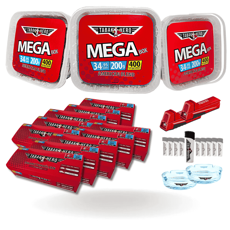 XXL Komplett-Set mit 3x190g Tabakhero Volumentabak, 2000 Extra Size Hülsen, B&H Stopfmaschine, 2 Aschenbechern und 10 Feuerzeugen
