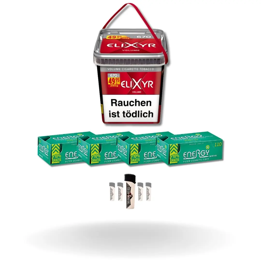 Bundle: Elixyr Red Stopftabak (260g) + Energy Plus Menthol Hülsen King Size (4x110 Stück) + Feuerzeuge (5 Stück)