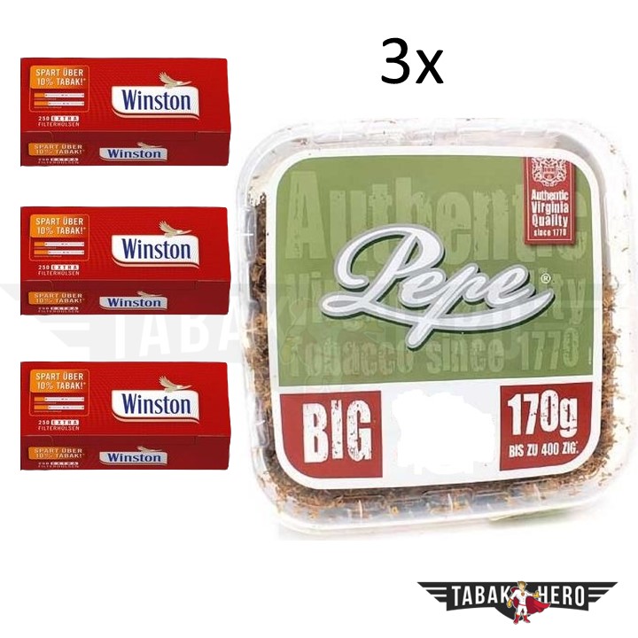 Bundle: Pepe Rich Green Tabak (3x170g) + Winston Red Extra Hülsen (3x250 Stück)