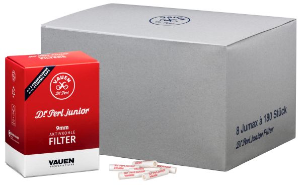 Rote 180-Stück-Packung Vauen Dr. Perl Junior 9mm Aktivkohlefilter neben losen Pfeifenfiltern und grauem Großgebinde-Karton