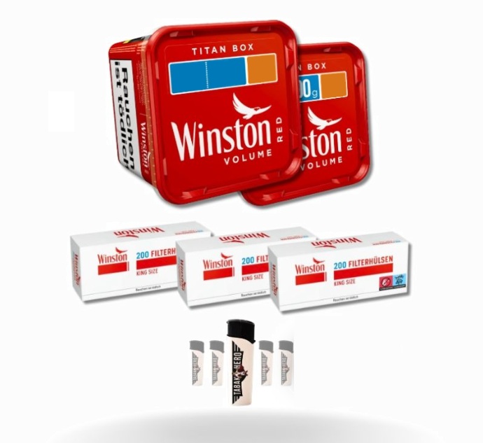 Winston Red Stopftabak Bundle mit 2x 280g Volumentabak, 600 Filterhülsen und 5 x Feuerzeugen