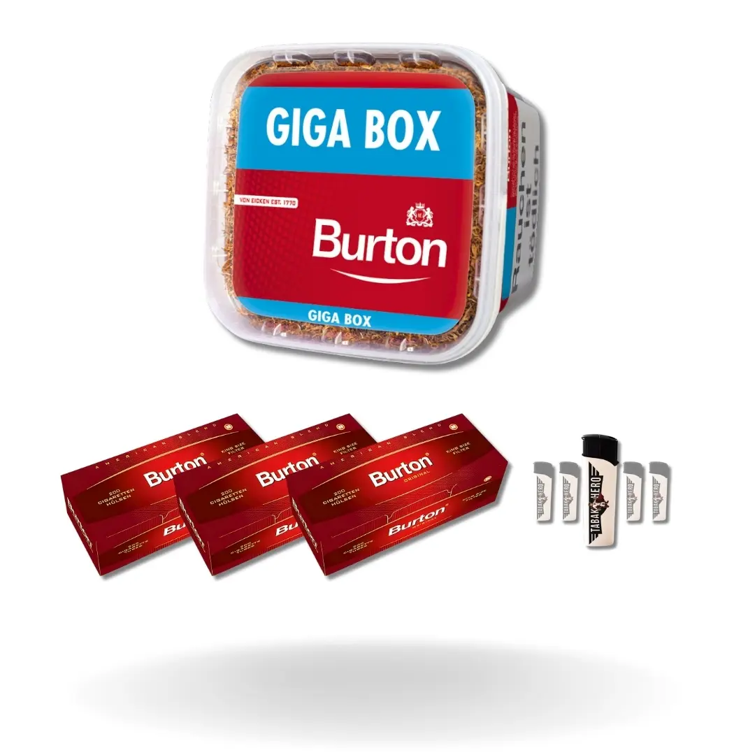 Bundle: Burton Red Stopftabak (400g) + Burton Hülsen King Size (3x200 Stück) + Feuerzeuge (5 Stück)